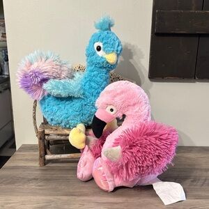 PRE OWNED PEACOCK & PINK FLAMINGO SUPER SOFT STUFFED PLUSH ANIMALS